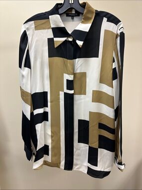 Lafayette 148 New York Black, White & Tan Geometric Silk-Blend Button Down